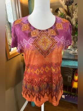 Jane Ashley Multicolor Boho Tunic Yop Purple Coral Geometric Embellished Size M